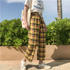 Yellow Plaid Vintage Pants Women 2019 Spring Summer Casual Drawstring Trousers Women Loose Wide Leg Cotton Pants